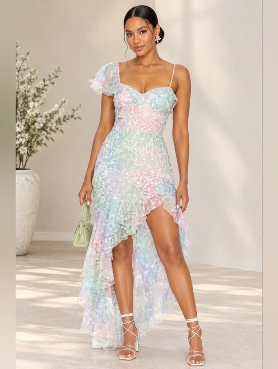 Amanda Uprichard Dresses & Skirts - Amanda Uprichard‎ Lively Pastel Sequin Asymmetrical Ruffle  Midi Dress Size M